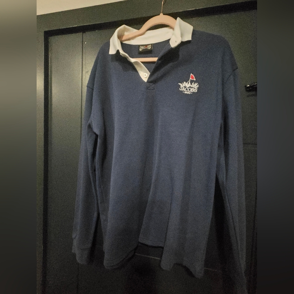 Jacob Navy and White Men's Polo Shirt Y2k Oversized Medium Guc Golf Polo Rugby